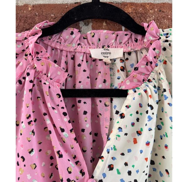Entro Pink & Ivory Colorblock Ruffle Cuff Polka Dot Blouse M - Picture 3 of 10